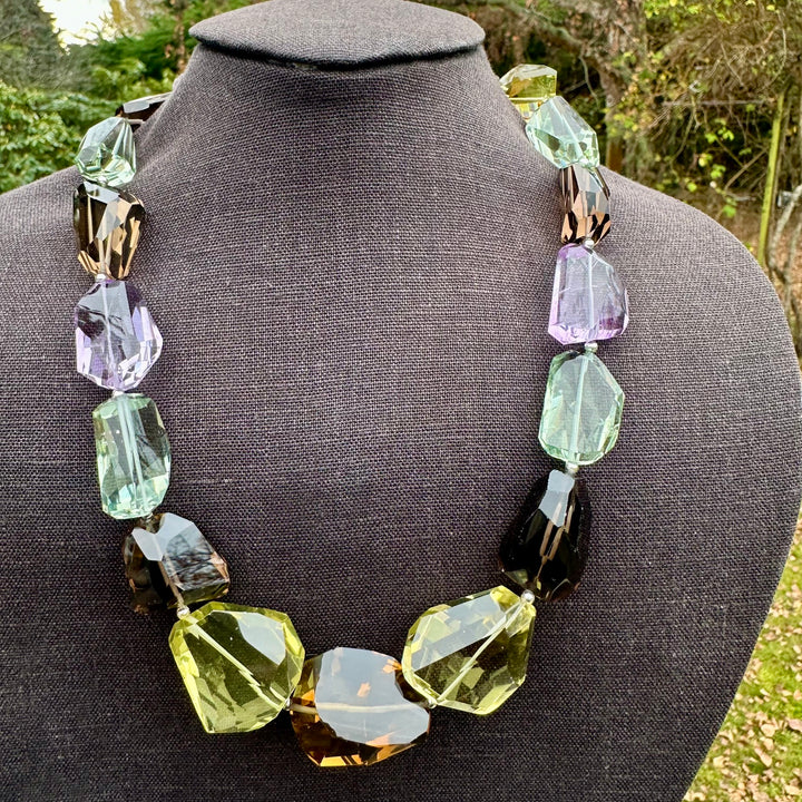 Amethyst, smoky quartz prasiolite chunk necklace
