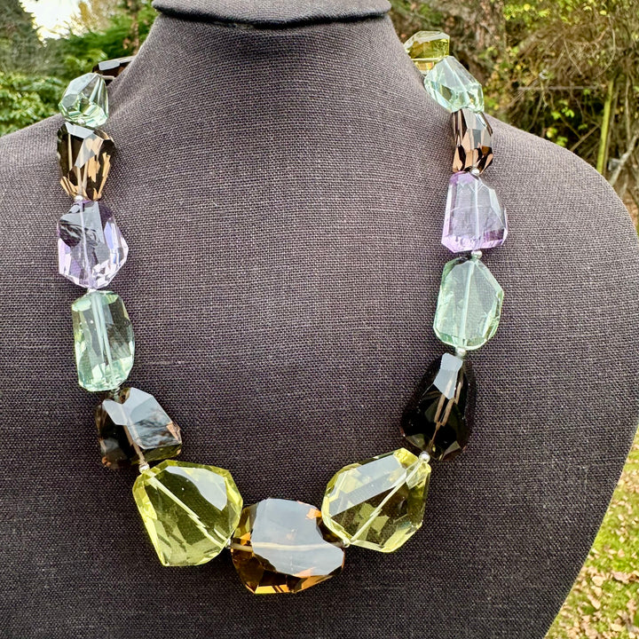 Amethyst, smoky quartz prasiolite chunk necklace