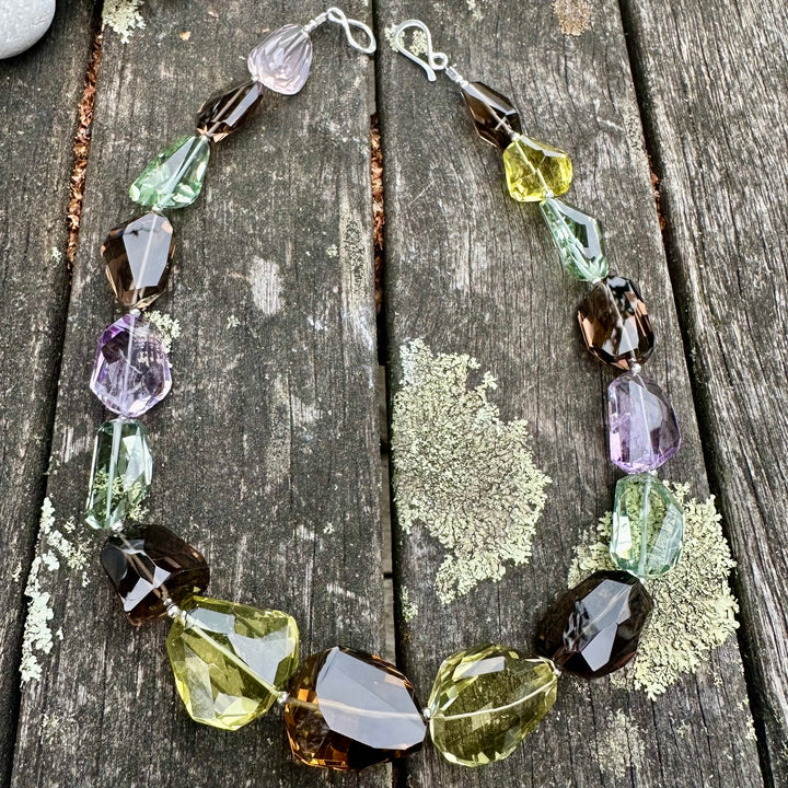 Amethyst, smoky quartz prasiolite chunk necklace
