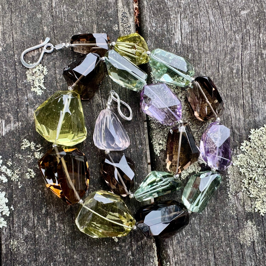 Amethyst, smoky quartz prasiolite chunk necklace
