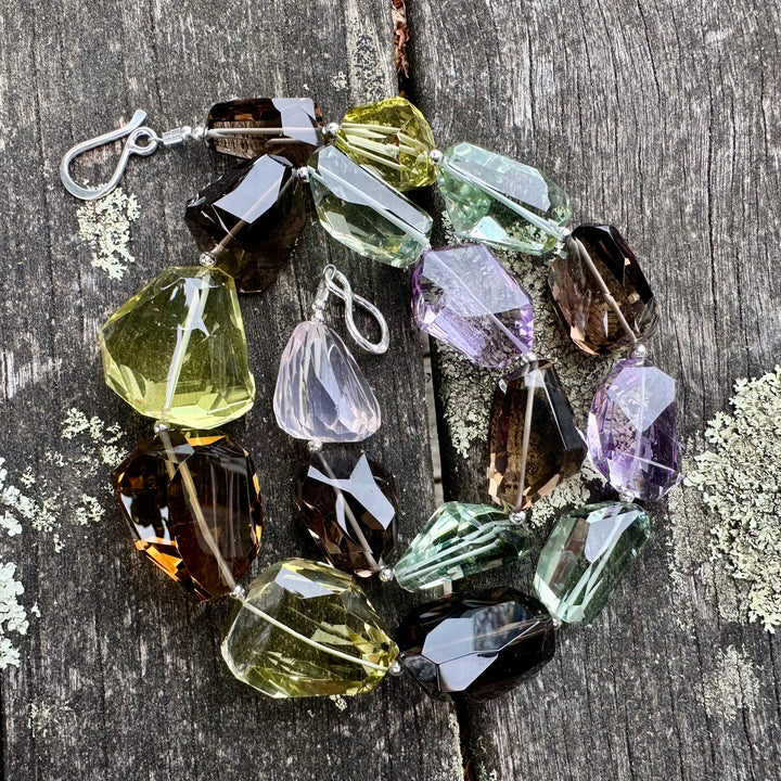 Amethyst, smoky quartz prasiolite chunk necklace