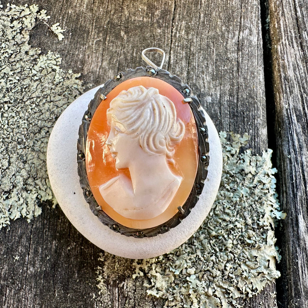 vintage sterling silver shell cameo brooch pendant