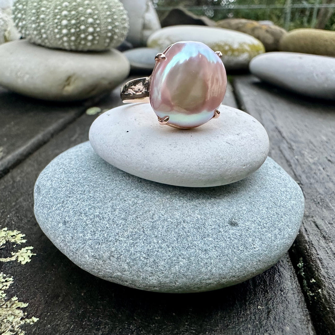 Contemporary pink freshwater pearl ring