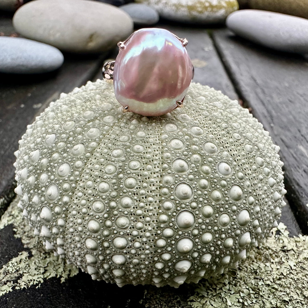 Contemporary pink freshwater pearl ring