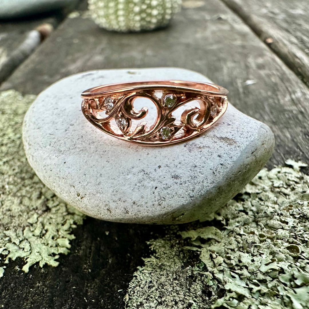 9ct rose gold lace ring with diamonds