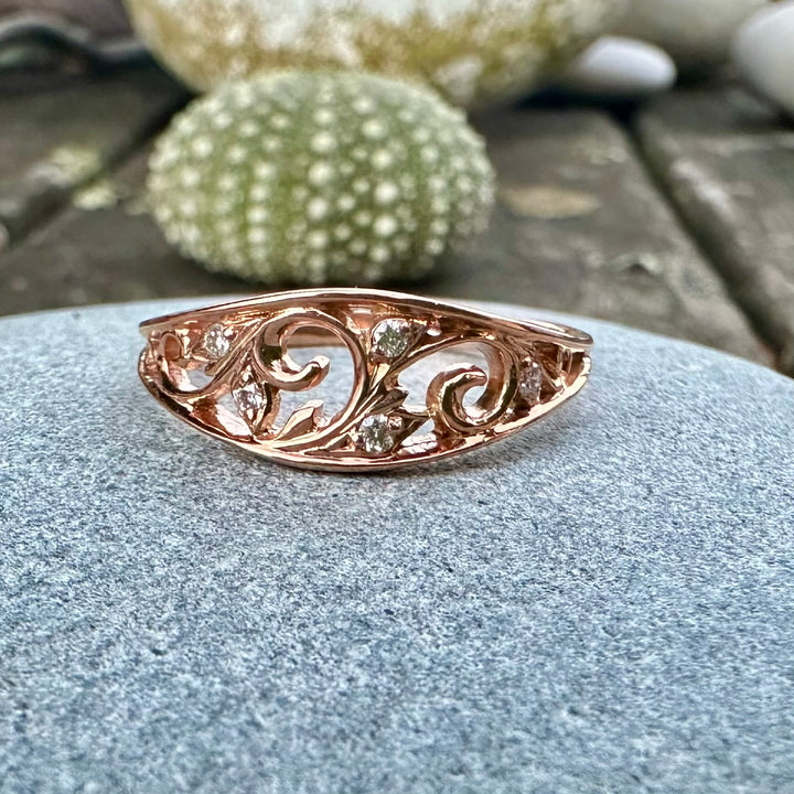 9ct rose gold lace ring with diamonds