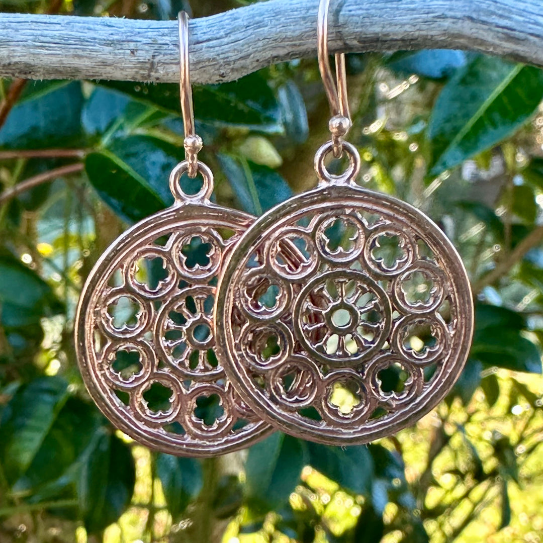 23mm 9 carat rose gold rose window earrings