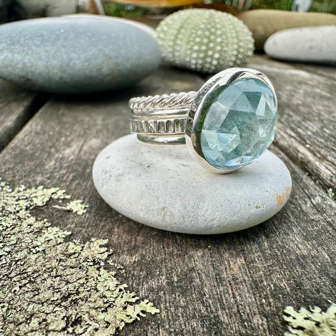 Rose cut blue topaz unity ring