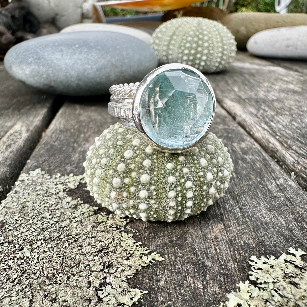 Rose cut blue topaz unity ring