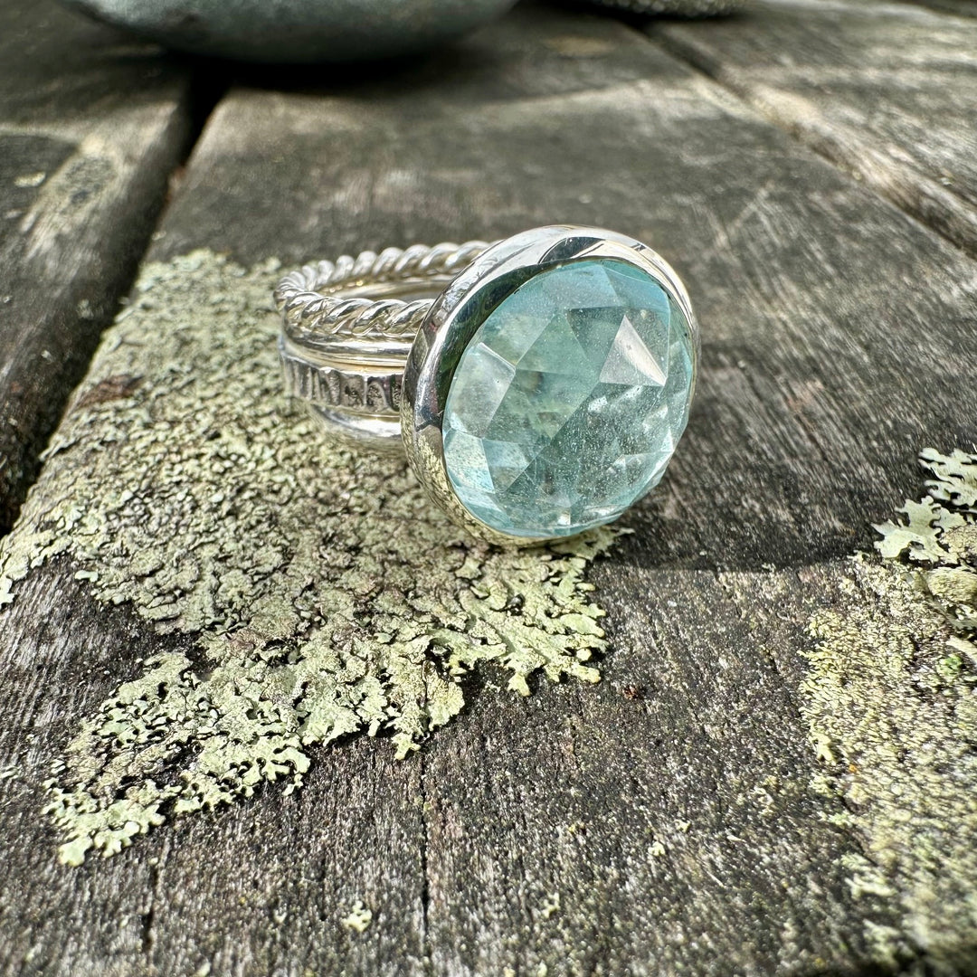 Rose cut blue topaz unity ring