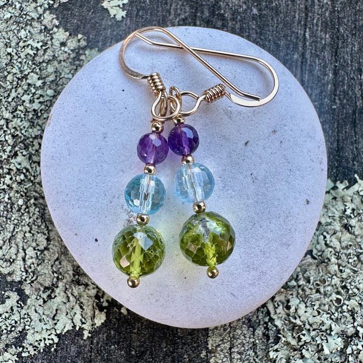 Peridot, blue topaz &amp; amethyst earrings