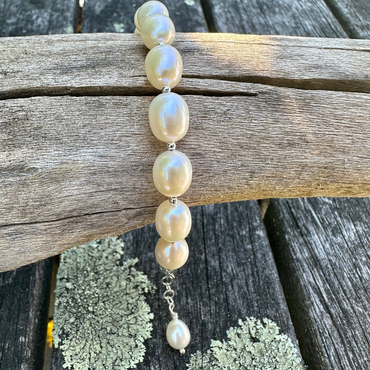 White freshwater rice pearl and sterling silver bracelet