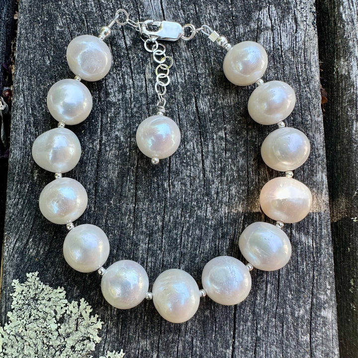 Large white freshwater pearl and sterling silver bracelet