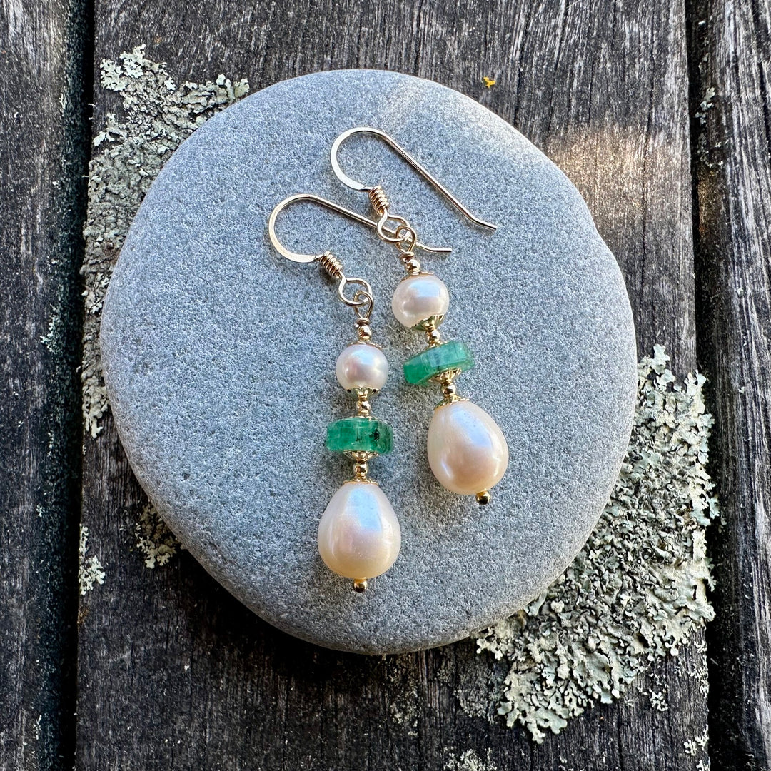 White freshwater pearl &amp; emerald earrings