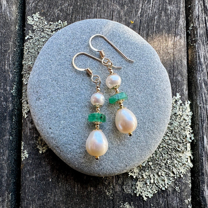 White freshwater pearl &amp; emerald earrings