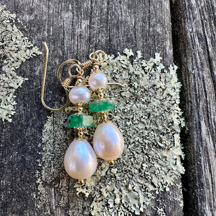 White freshwater pearl &amp; emerald earrings