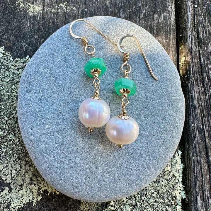 White freshwater pearl &amp; emerald earrings