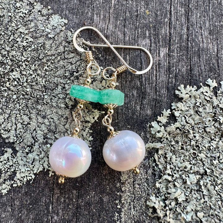 White freshwater pearl &amp; emerald earrings