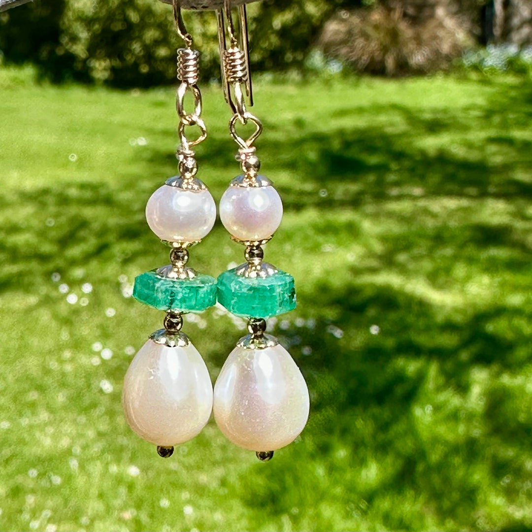 White freshwater pearl &amp; emerald earrings
