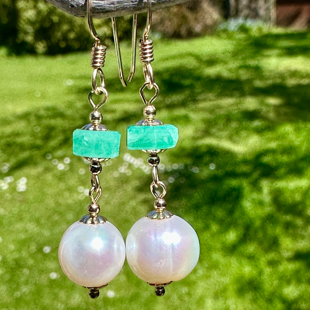 White freshwater pearl &amp; emerald earrings