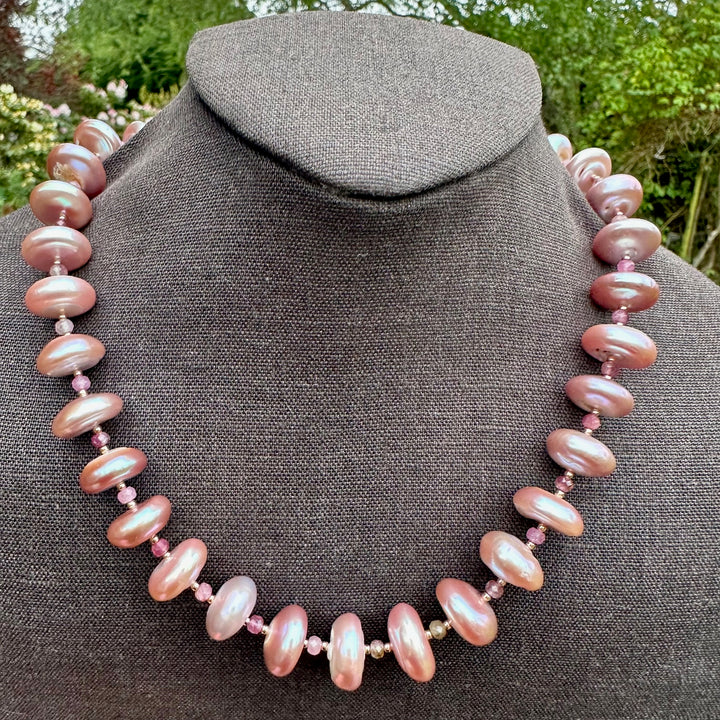 Large pink coin pearl necklace