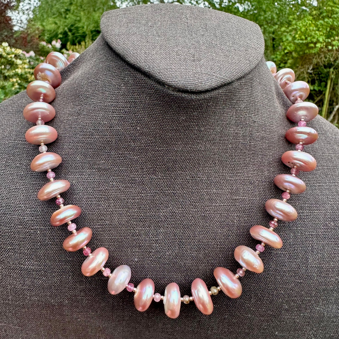 Large pink coin pearl necklace
