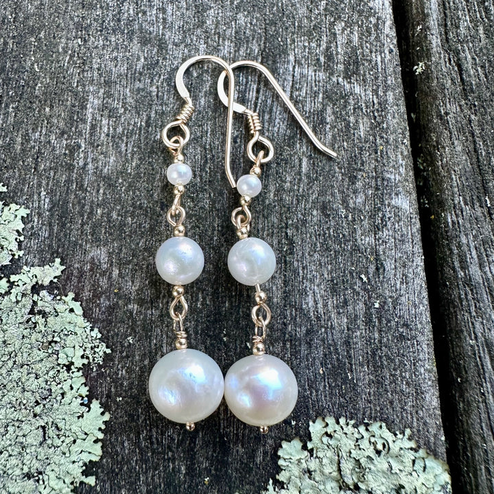 3 tier white freshwater pearl earrings