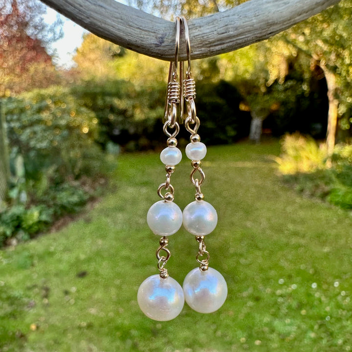 3 tier white freshwater pearl earrings
