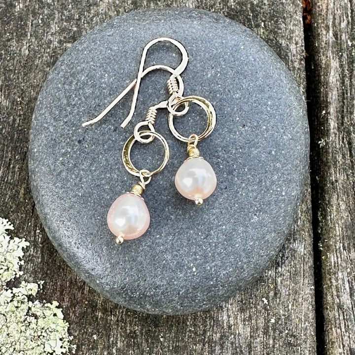 wee pink freshwater pearl drop earrings