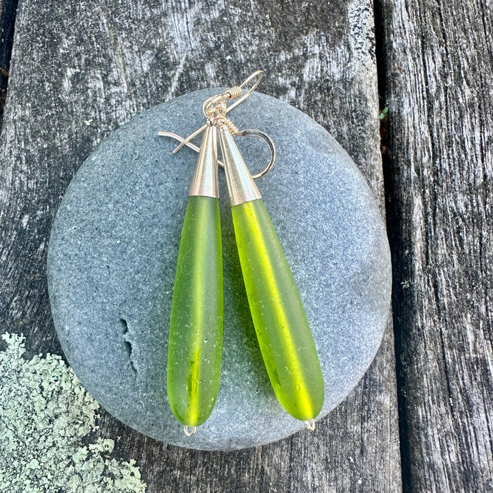 Bright green sea glass and yellow gold fill earrings