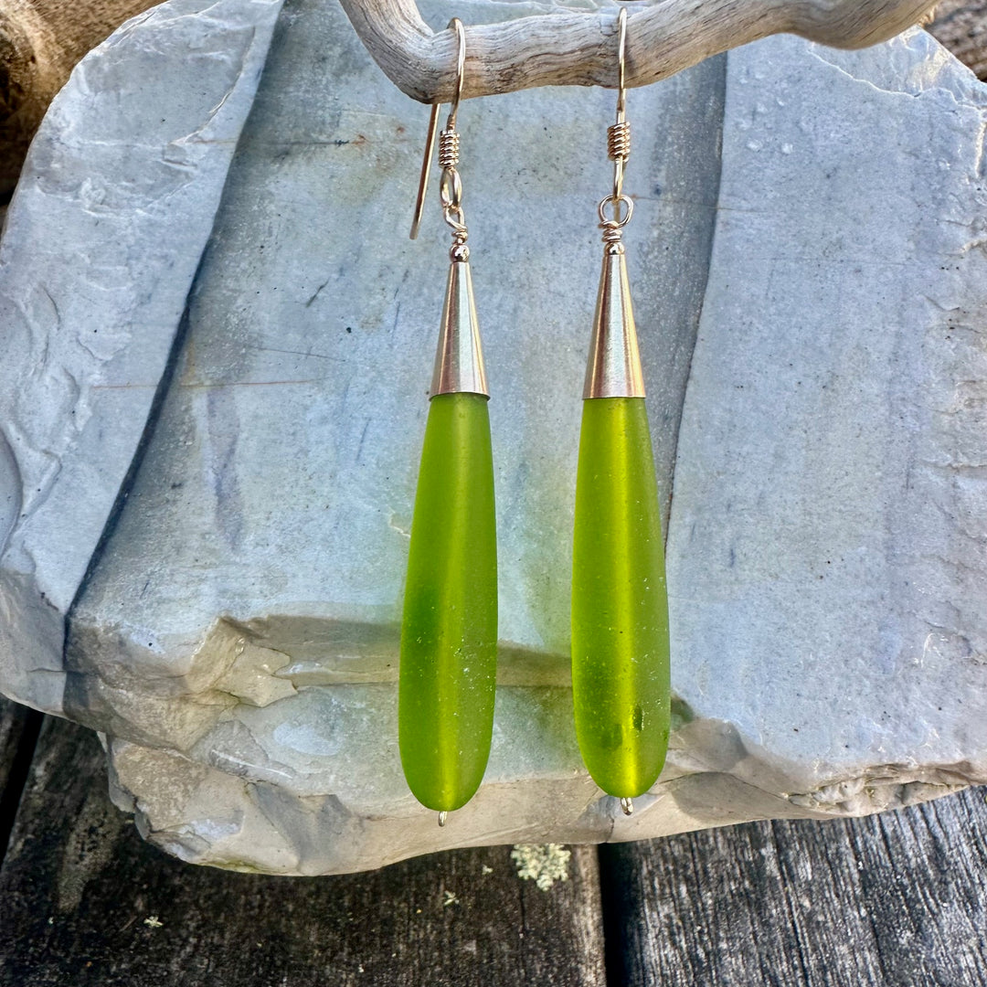Bright green sea glass and yellow gold fill earrings