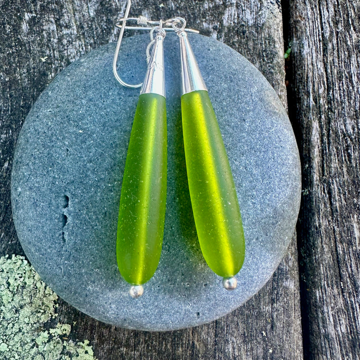 Bright green sea glass drop earrings