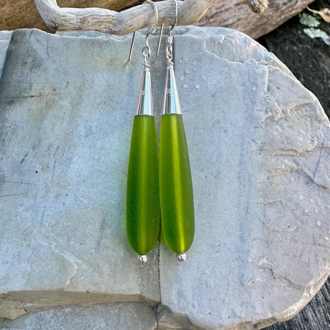 Bright green sea glass drop earrings
