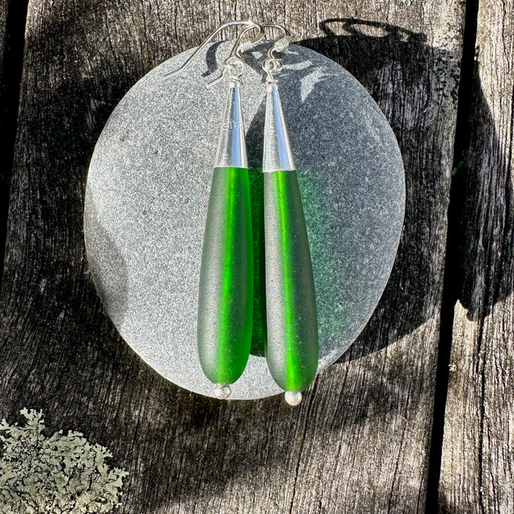 dark green sea glass drop earrings