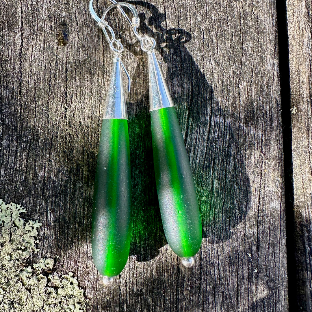 dark green sea glass drop earrings