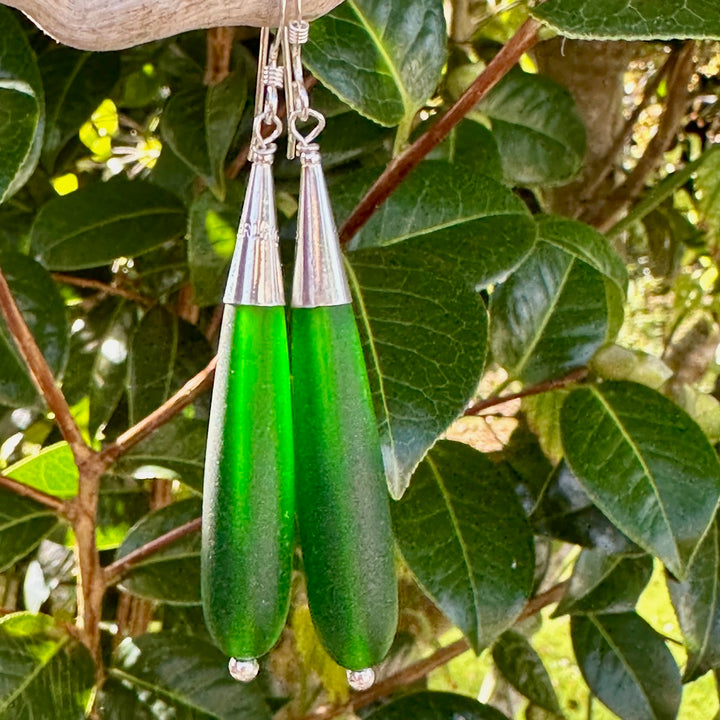 dark green sea glass drop earrings