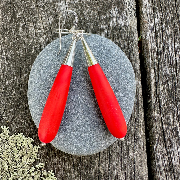 Matte red orange sea glass earrings