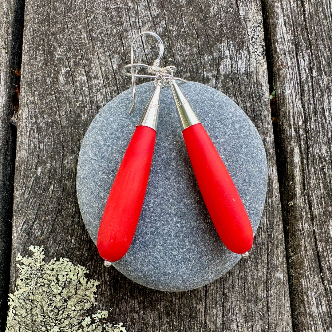 Matte red orange sea glass earrings