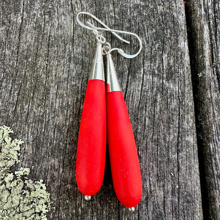 Matte red orange sea glass earrings