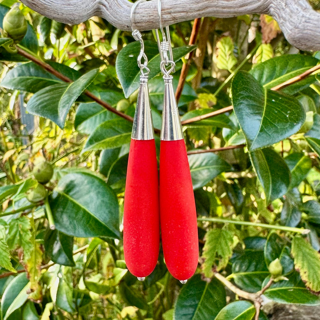 Matte red orange sea glass earrings