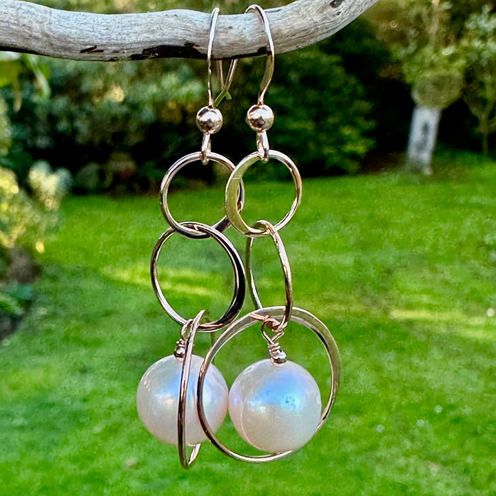 triple hoop & freshwater pearl earrings