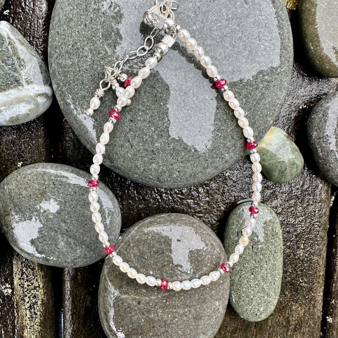 tiny freshwater pearl and ruby bracelet
