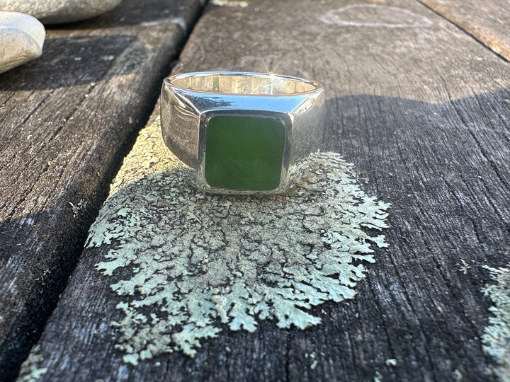 New Zealand Greenstone and Sterling Silver Signet Ring