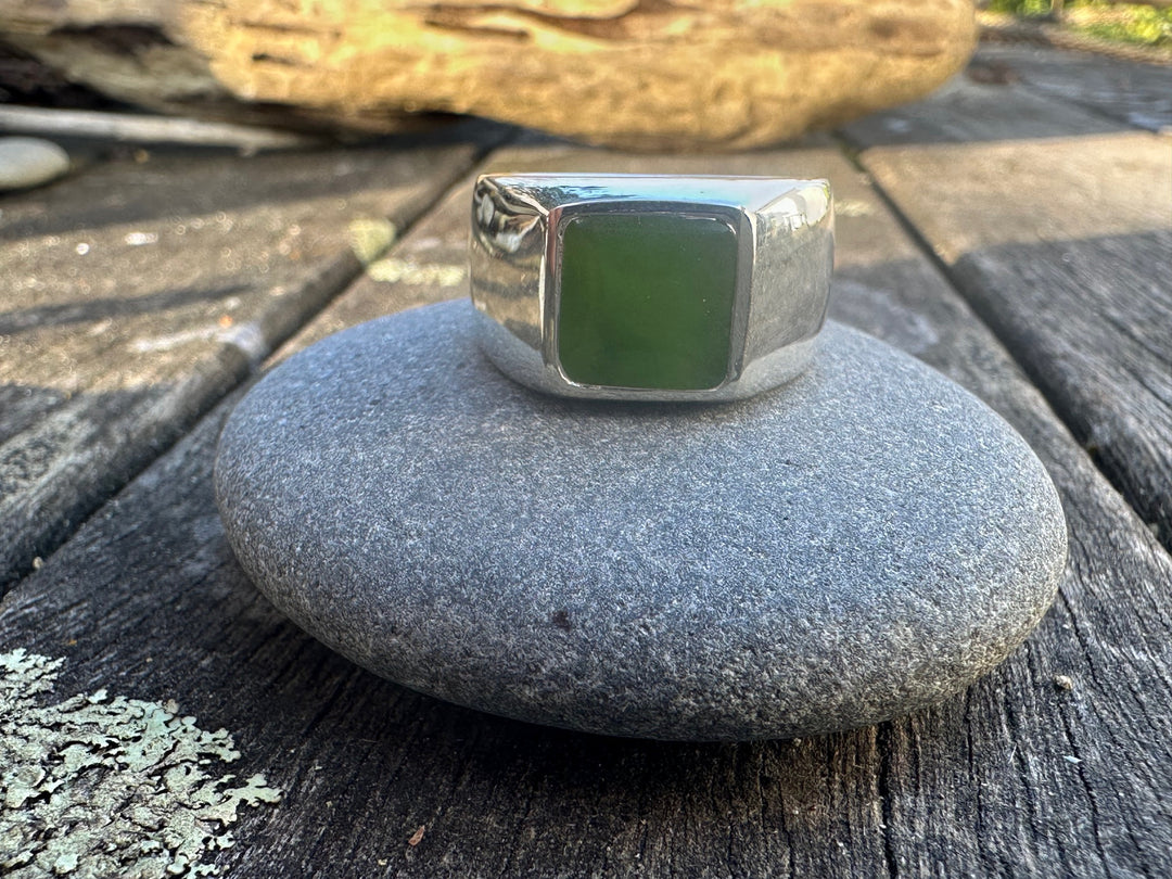 New Zealand Greenstone and Sterling Silver Signet Ring