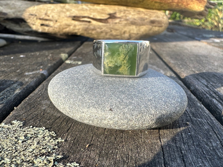 Heavy Marsden Flower Signet Ring, New Zealand Greenstone