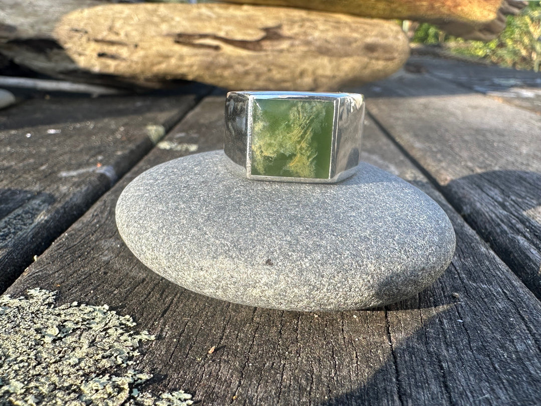 Heavy Marsden Flower Signet Ring, New Zealand Greenstone