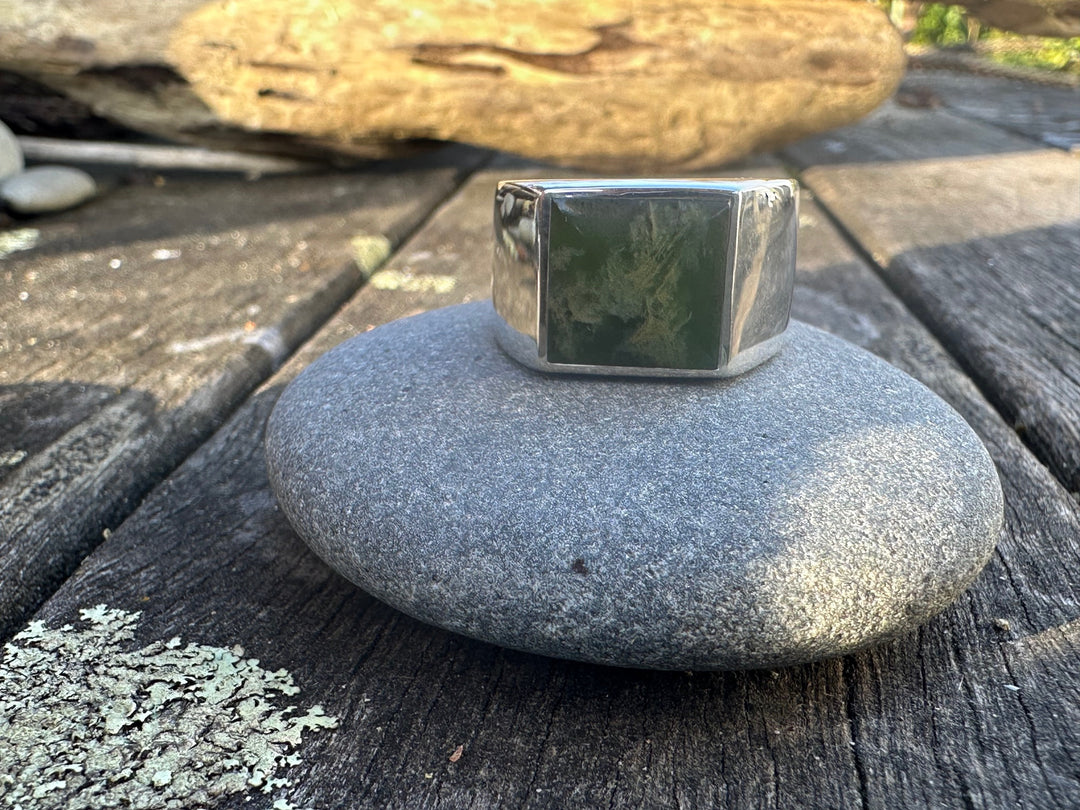 Heavy Marsden Flower Signet Ring, New Zealand Greenstone