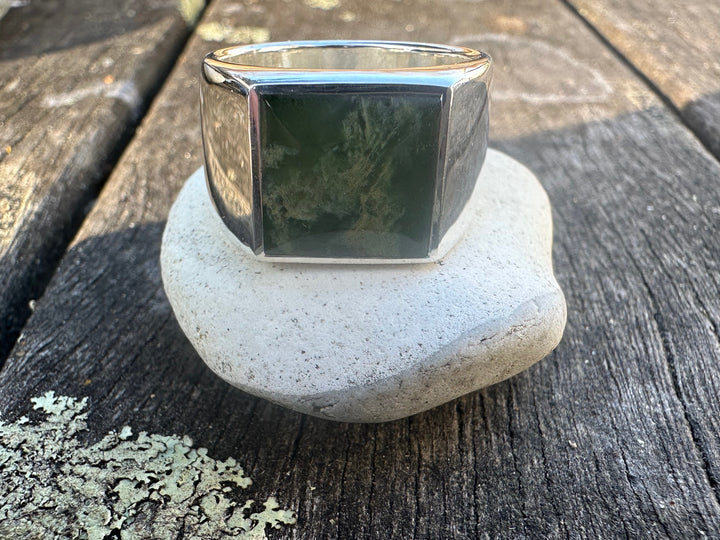 Heavy Marsden Flower Signet Ring, New Zealand Greenstone