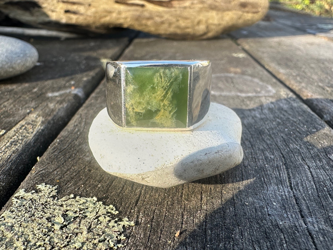 Heavy Marsden Flower Signet Ring, New Zealand Greenstone