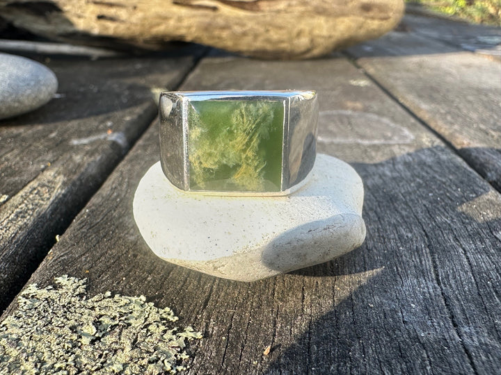 Heavy Marsden Flower Signet Ring, New Zealand Greenstone